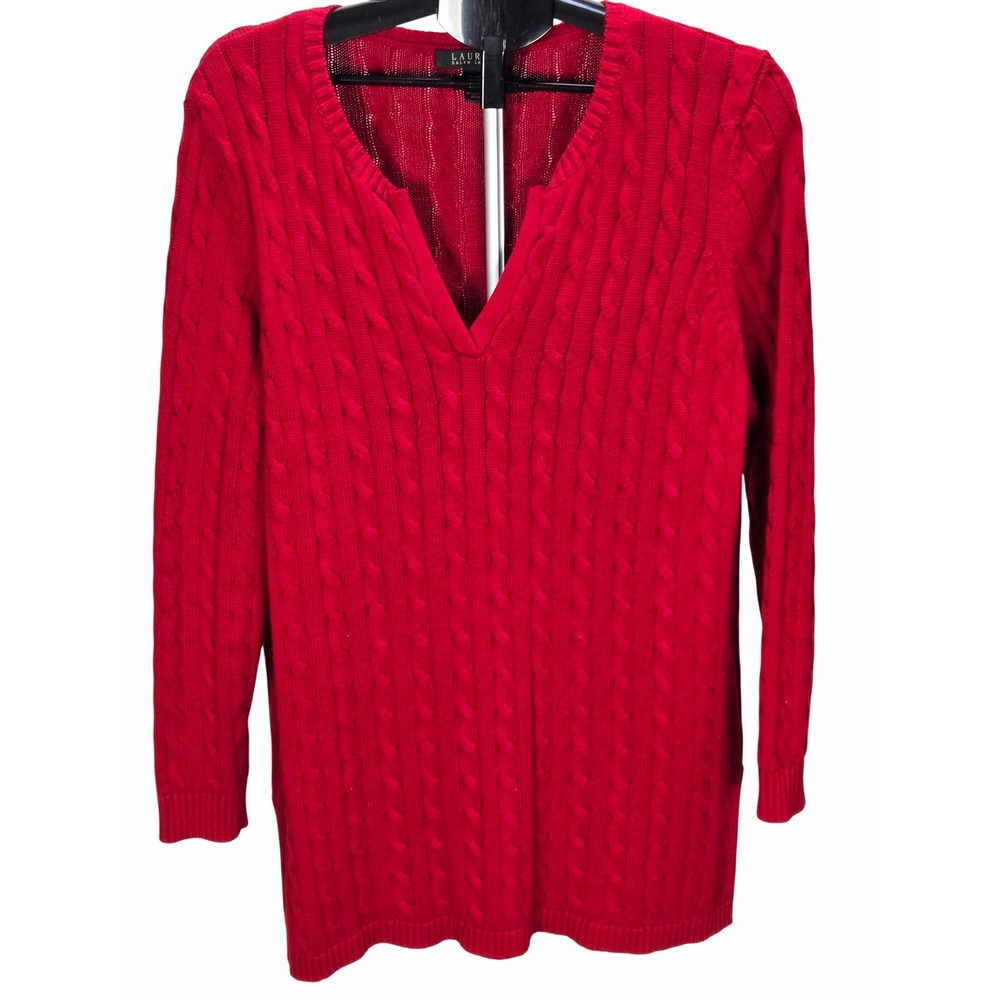 Women's Lauren Ralph Lauren 1X Red Cable Knit Notched V-Neck Sweater